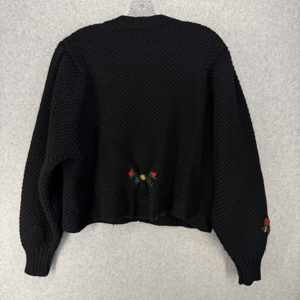 Alphorn Cardigan Womens 46 Black Wool Embroidered Floral Heart Vtg - Picture 2 of 13